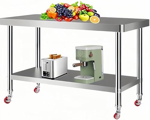 TUIYIDUO ステンレス 作業台 業務用 調理台 1200×600×815mm アキャスター付き 360度回転 静音 ブレーキ付き 厨房作業台 丸角デザイン ぶつかり防止 2段 ステンレステーブル キッチン 飲食店 家庭用 日本語取扱説明書付き